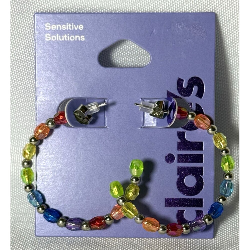 Claire's Silver-Tone and Rainbow Beads Hoop Earrings NWT